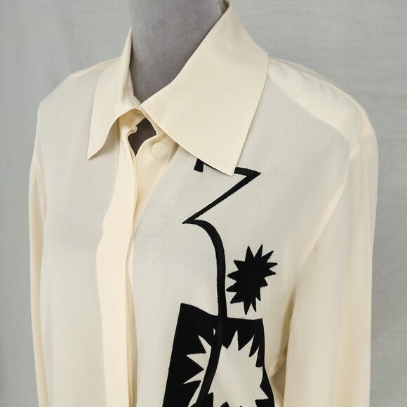 Laurel Escada Top Womens 6 Ivory Silk Blouse Embroidered Shoulder Pads Vintage - Picture 9 of 16
